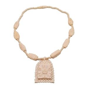 Vintage Carved Bovine Bone Floral Pendant Necklace 19"